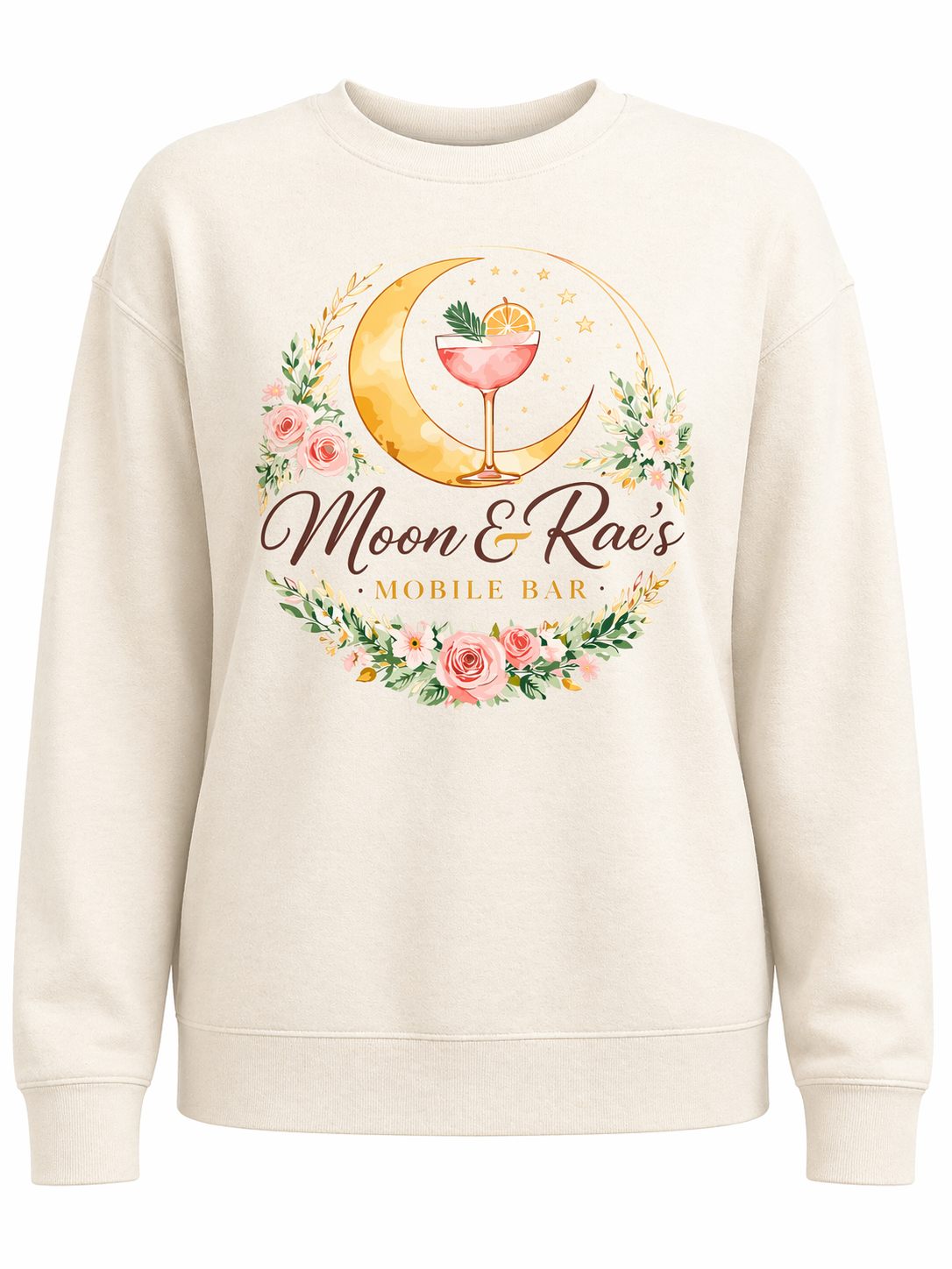 Moon and Rae's Mobile Bar branded sweatshirt