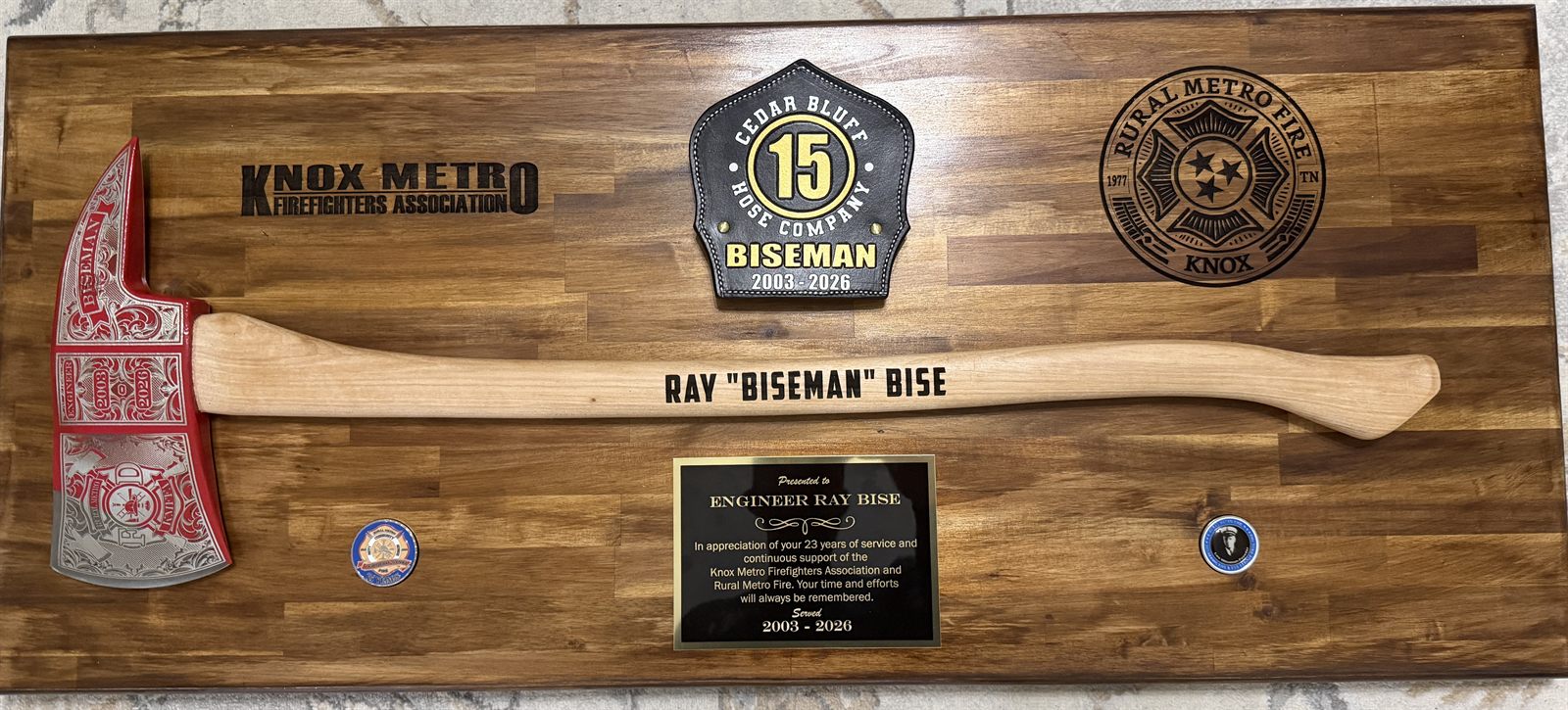 Engraved memorial fire axe tribute for Engineer Ray Biseman Bise — Knox Metro Firefighters Association and Rural Metro Fire