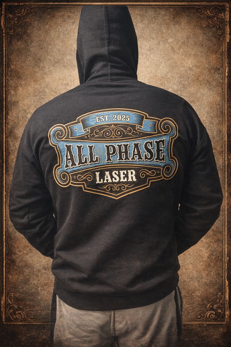 All Phase Laser branded hoodie — charcoal with blue and gold logo on back