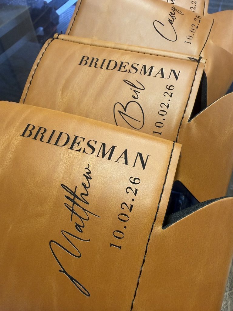 BRIDESMAN engraved leather pouches with personalized names — wedding party gifts